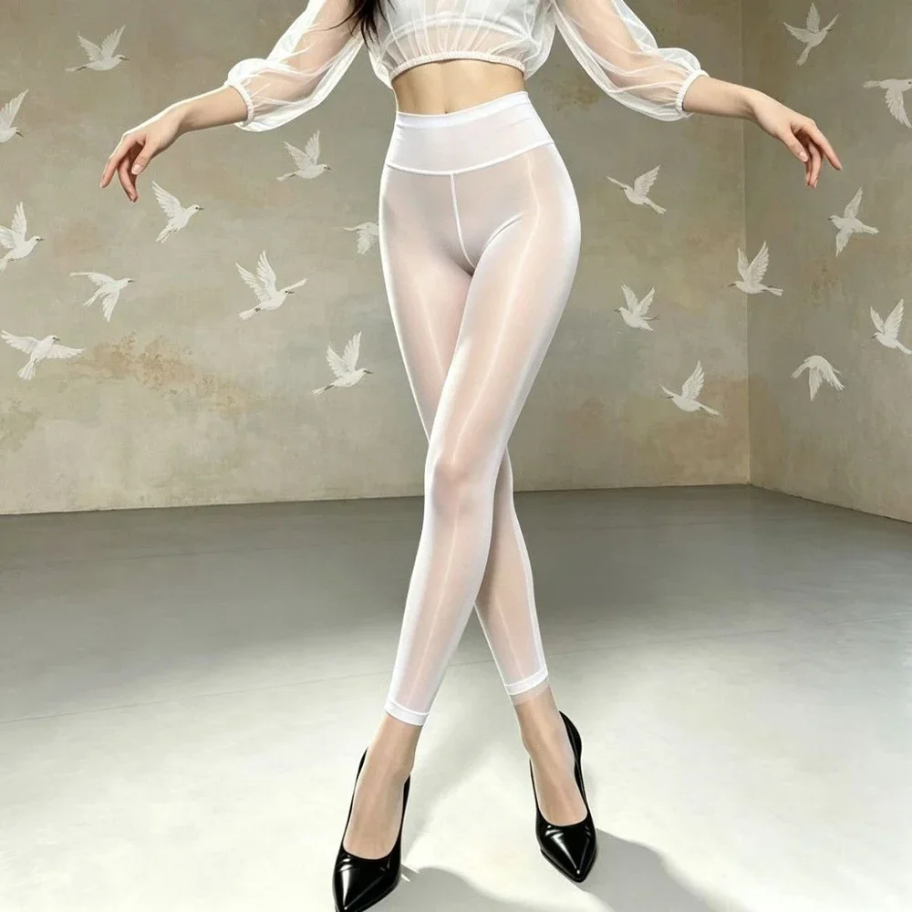 High Waist Women Footless Shiny Tights Semi‑Sheer Horse Oil Ultra Soft Stockings Elastic Control Top Foot‑Free Pantyhose Legging
