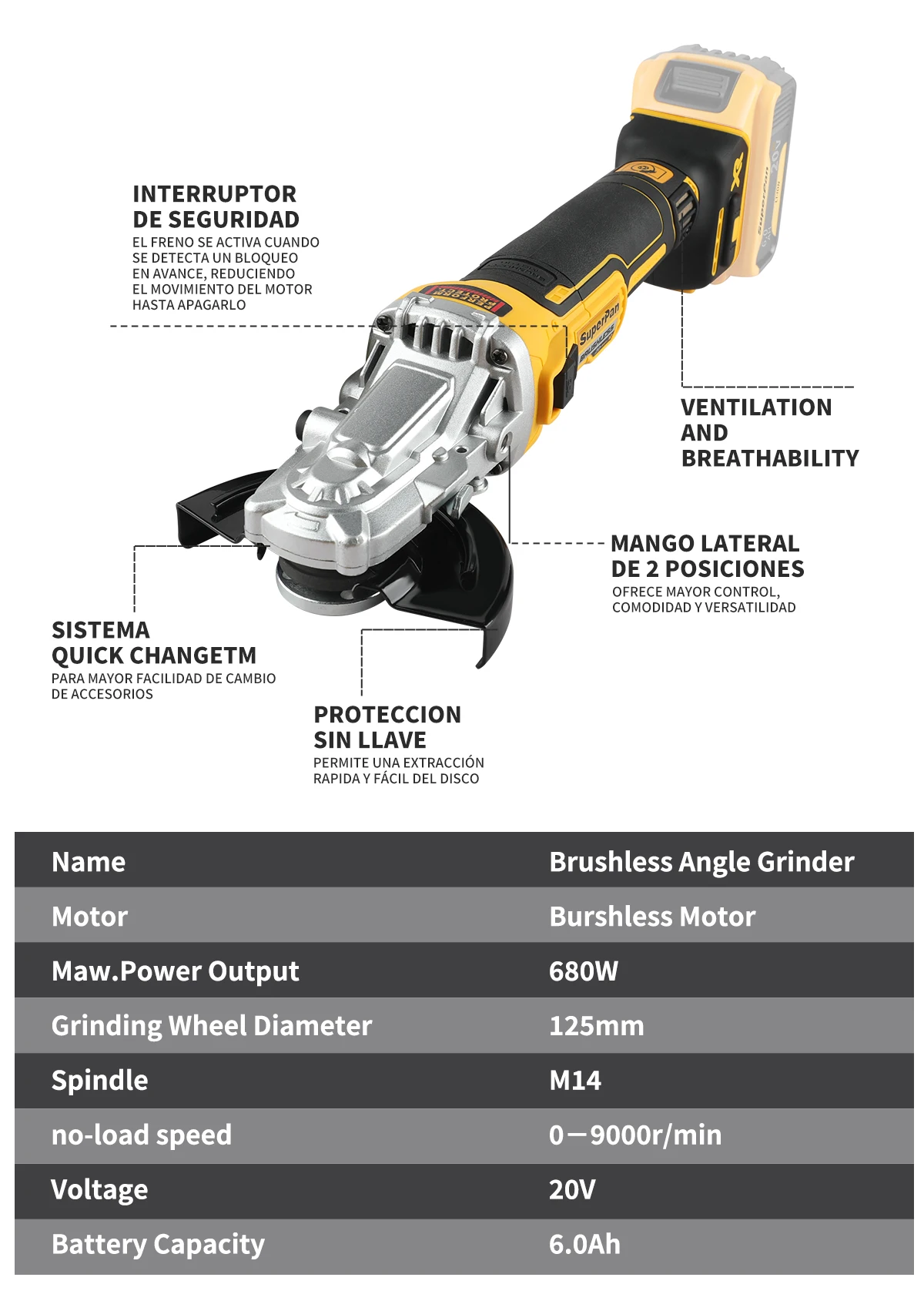 

2026 New SUPERPAN DCG405 Cutting Tool - 18V Brushless 125mm Flat Head Angle Grinder Lithium Bare Machine