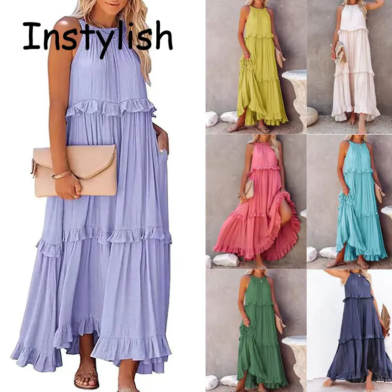 Gaun panjang ruffle Solid Kasual Wanita Sundress tanpa lengan elegan musim panas gaun Maxi Harajuku elegan gaun malam pesta pantai Vestido