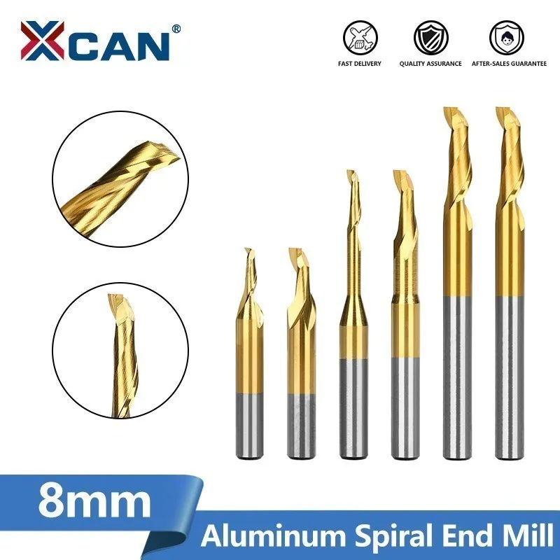 

XCAN Aluminum Spiral End Mill 8mm Shank HSS Milling Cutter Single Flute CNC Router Bit TiN Coated End Mill for Wood Cutting