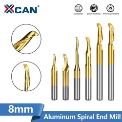 XCAN Aluminium Spirale Ende Mühle 8mm Schaft HSS Fräser Einzigen Flöte CNC Router Bit Zinn Beschichtet Ende Mühle für Holz Schneiden