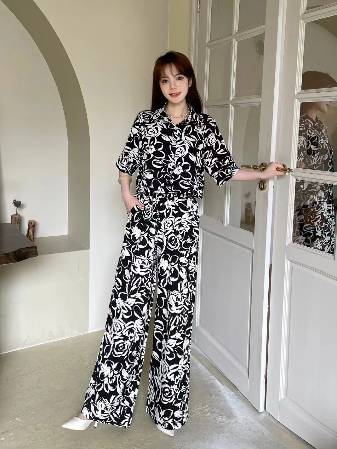 2024 New Spring Summer Women Sweet Florl Long Pants Suits Loose Short Shirt And High Waist Wide Leg Long Pants Two Piece Set