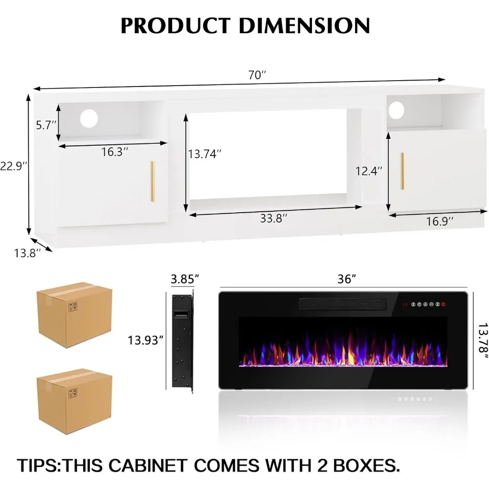 Fireplace tv Stand with 36 inch Fireplace Up to 80" TVs,LED Light Entertainment Center and Storage, 70" Modern Wood Medi image 2