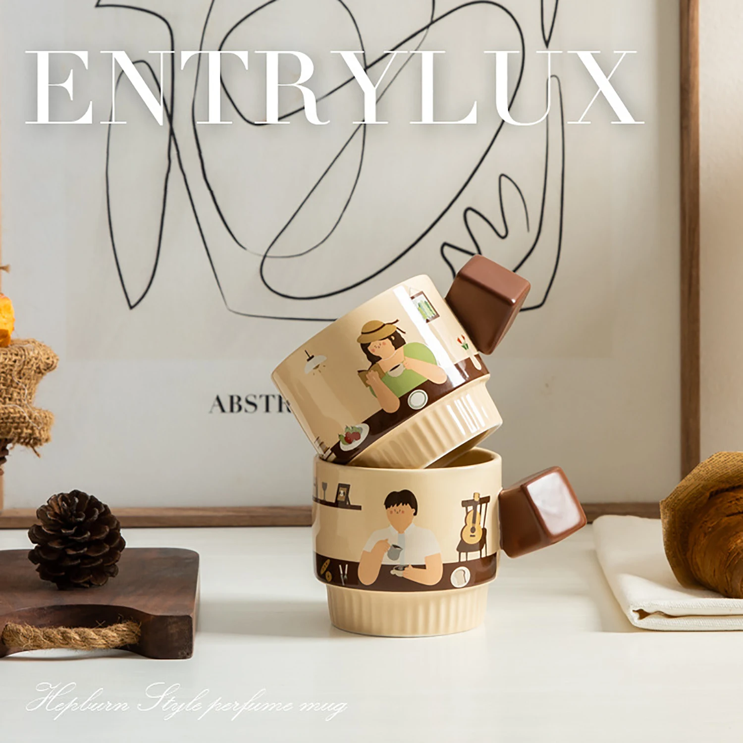 

Ceramic Coffee Mug 11 oz Cute Illustrated Korean Style Mug with Unique Cube Handle, Vintage Stackable Tea Cup Perfect Gift for