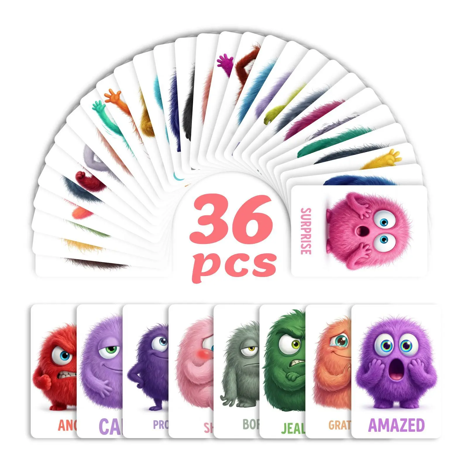 36-teiliges Monster-Emotionskarten-Set, Sozial-Emotionales Lernmaterial, Plüsch-Monster-Gefühlskarten für Kleinkinder, Vorschulbildung – Detail 8