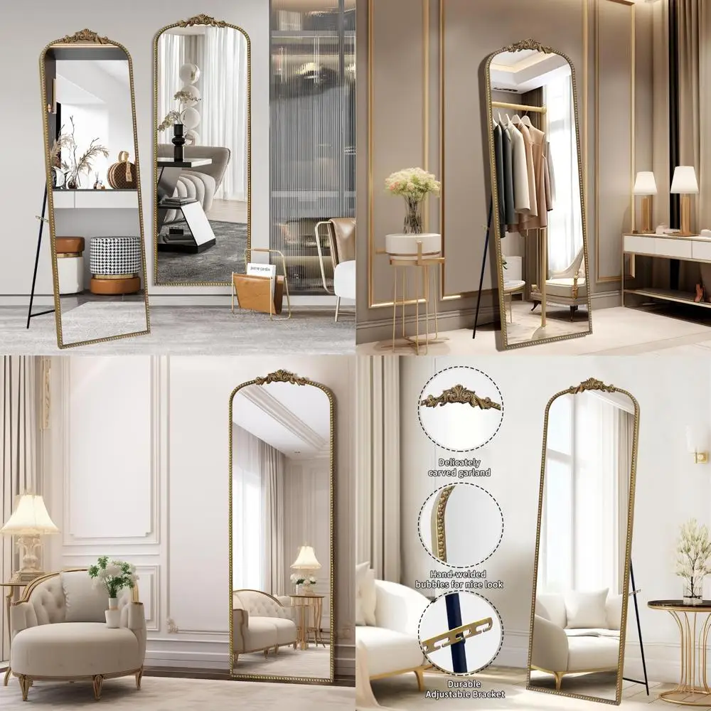 Vintage Gold Floor Mirror - 65''x22'' Full Length Tempered Glass Standing or Wall-Mounted Body Mirror