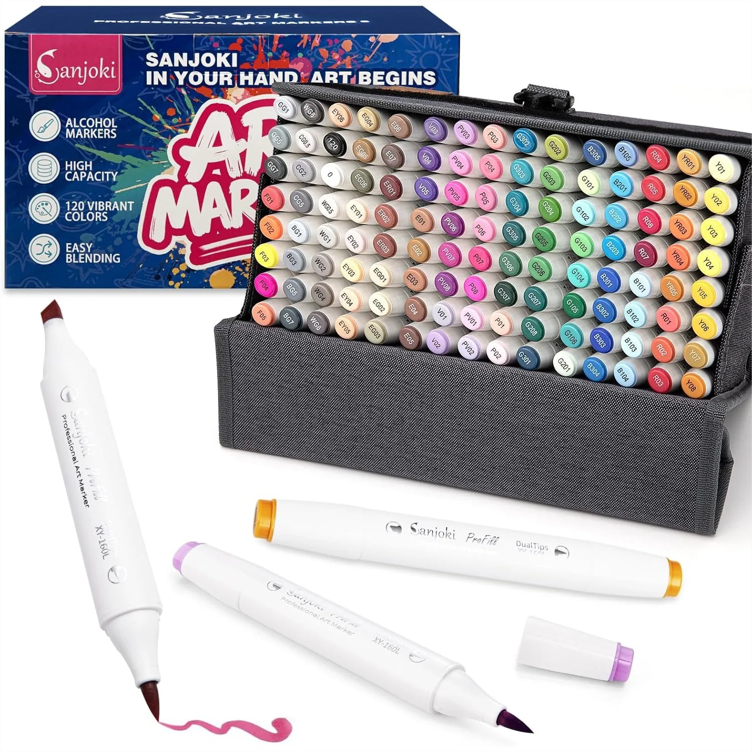 

120 Color Marker Set Brush & Fine Tip, High-Capacity Alcohol Markers for Artists Adults Coloring
