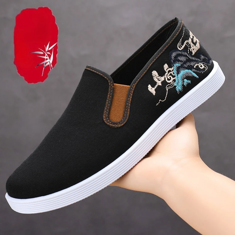 Men's Embroidery Slip on Old Beijing Cloth Shoes Four Seasons Comfortable Casual Linen Canvas Cloth Shoes Walking Flats