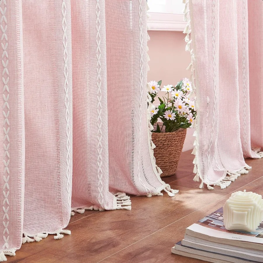 

Linen Boho Curtains Cute Embroidered Pink Curtains for Girls Bedroom Nursery Room 84 Inches Long 2 Panels Light filtering Farmh