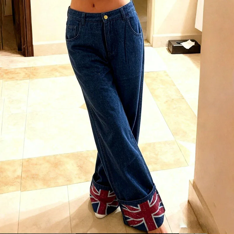 Y2K American Retro Personality Trend Harajuku Casual Wide-leg Loose Wild Trousers Geometric Pattern Printing Design Ladies Jeans
