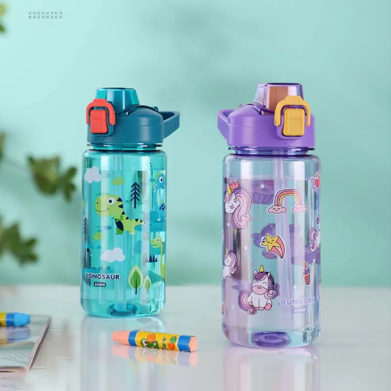 600ml Dinosaur Water Bottle For Kids Water Sippy Cup With Silicone Straw Leakproof Plastic Water Bottles Summer Kids Water Cup