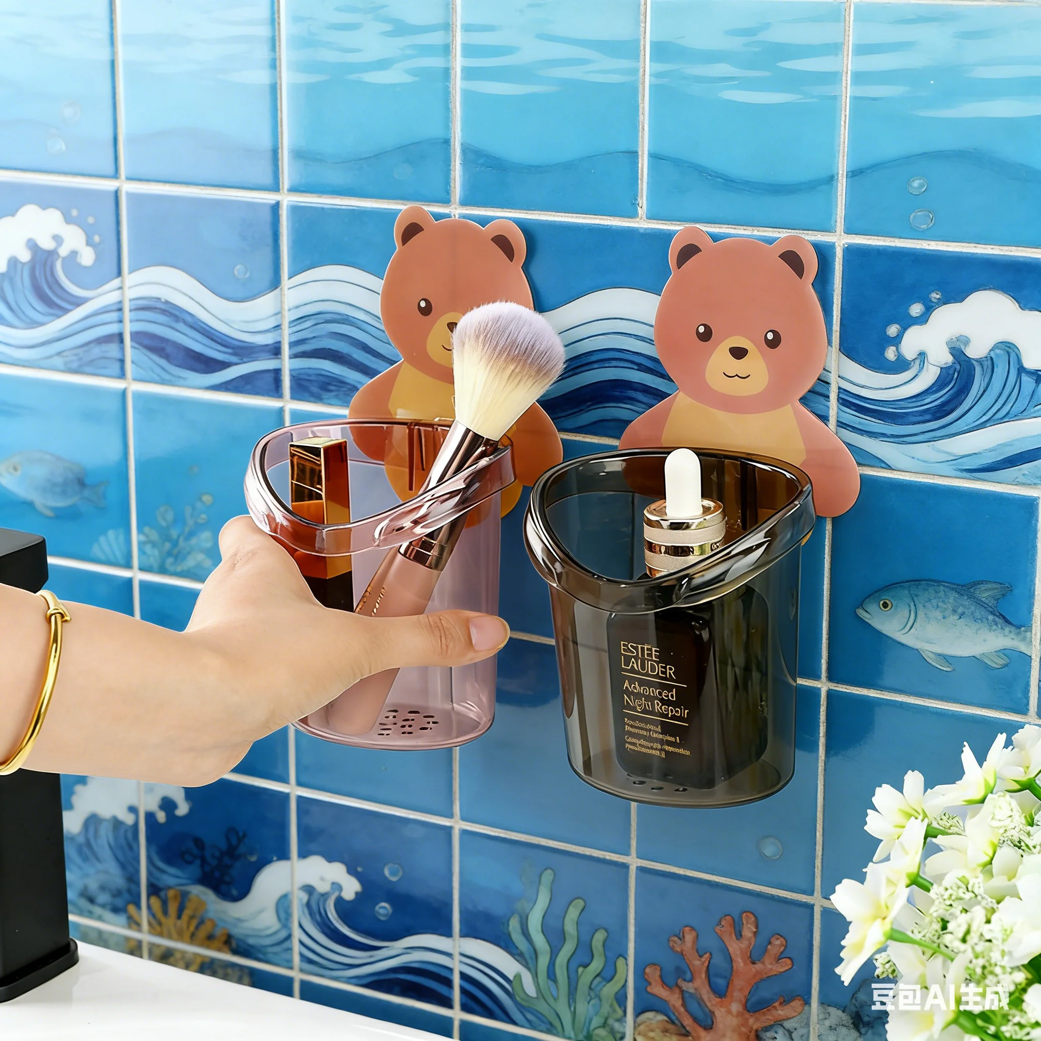 2pcsDrill-Free Installation,Cute Bear Design, with Toothbrush Holder, Mouthwash Cup & Toothpaste Organizer, Durable