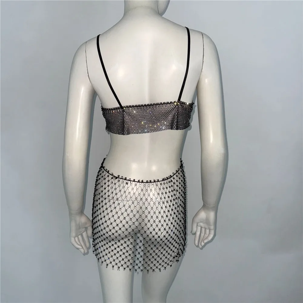 Sexy Aushöhlen Sheer Mesh Frauen Kleid Glänzenden Strass Backless Tiefem V-ausschnitt Sling Mini Kleid Rave Nachtclub Party Kleider