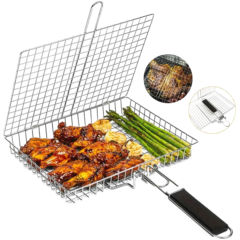 Pieghevole in acciaio inossidabile 304 per barbecue, rete antiaderente, cestino per grigliare, carne, bistecche di verdure, picnic, strumento per barbecue