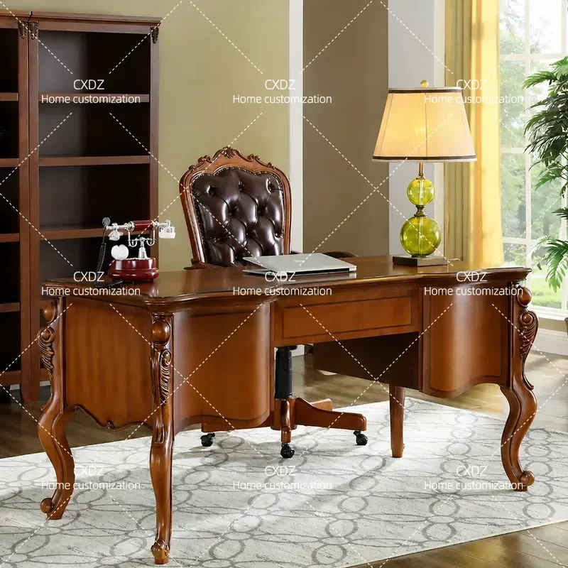 Solid Wood Writing Desk with Chair Small Home Office Computer Desk Classical Style Desktop Workstation for Study Room