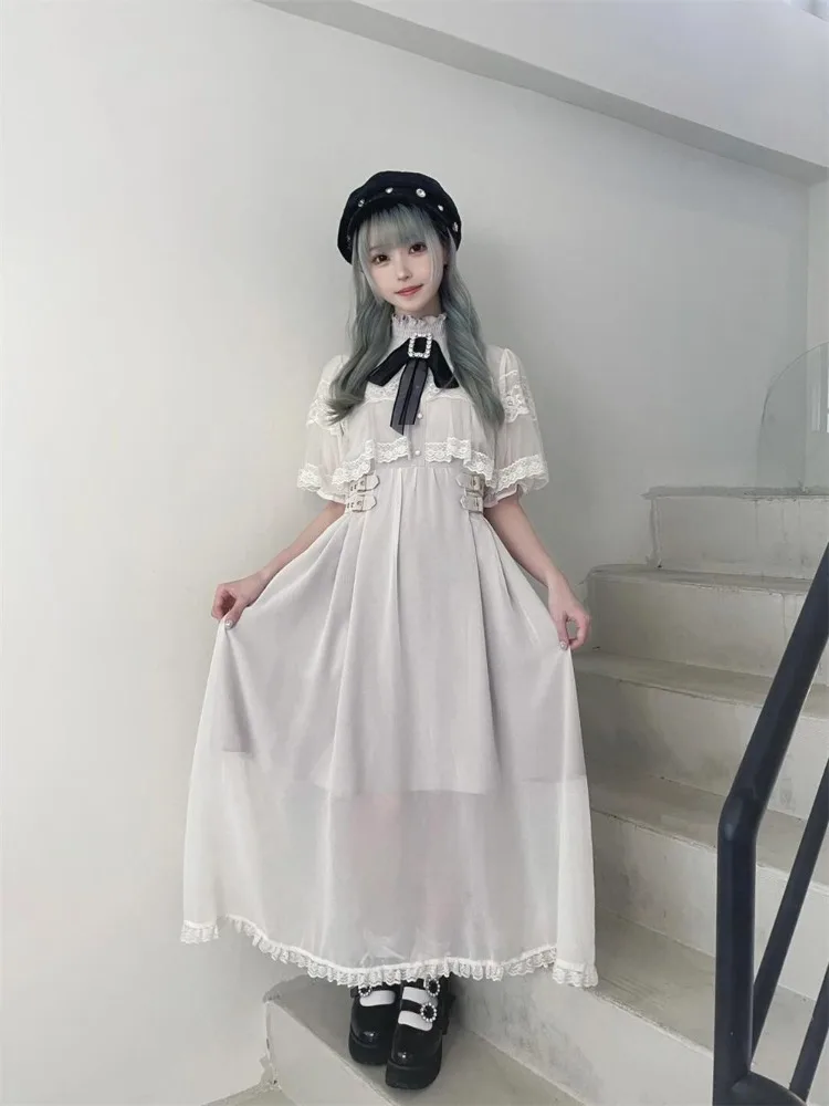 

Милое платье с воротником-стойкой в стиле Лолиты для женщин, кружевные платья с короткими рукавами Y2k, летние универсальные платья средней длины, Vestidos 2023