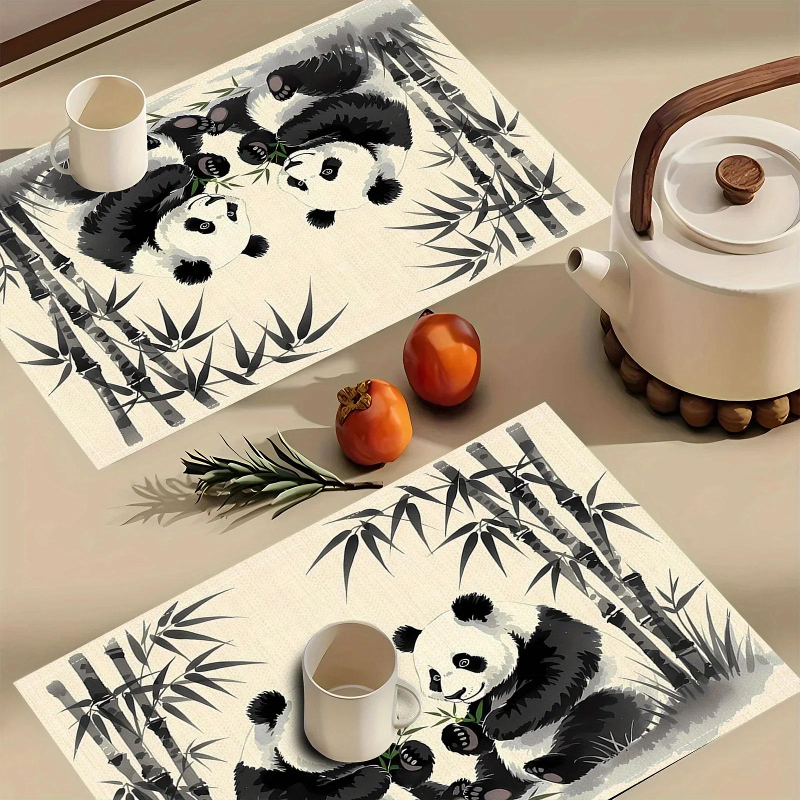 Four Pcs Panda Bamboo Placemats Set Of Four Chinese Style Linen Table Mats Animal Decor