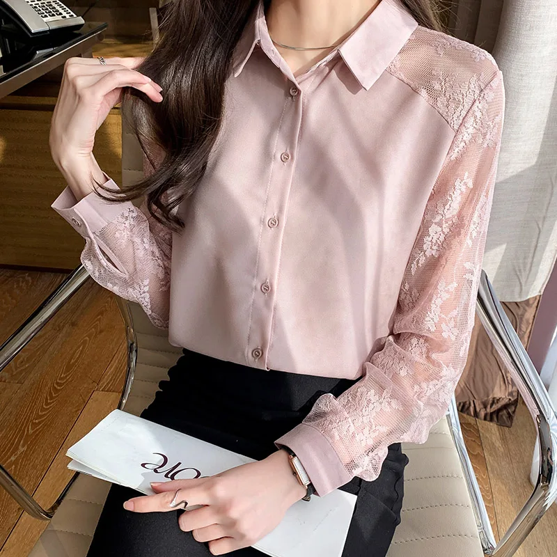 Women Clothing Elegant Turn-down Collar Lace Chiffon Shirts Spring Summer Fashion All-match Long Sleeve Blouses Casual Loose Top