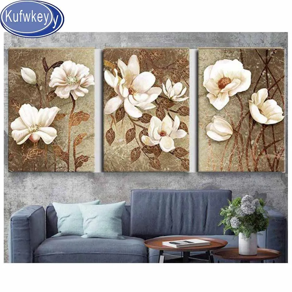 5d Diy Diamond painting Triptych Vintage White Flower decoration 3 pieces diamond embroidery bathroom living room decoration