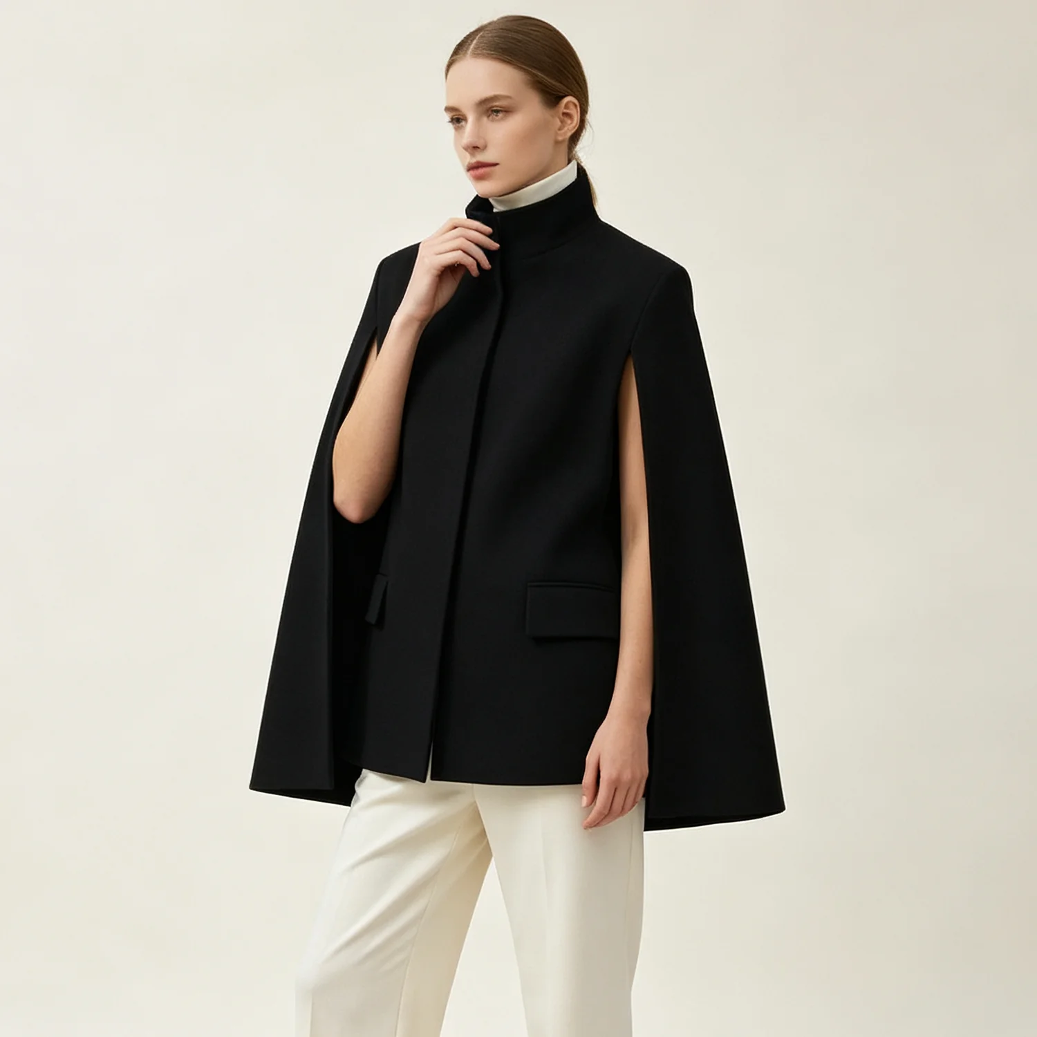 Women Formal Wear Stitching - PUAL Wool fabric stand collar cape