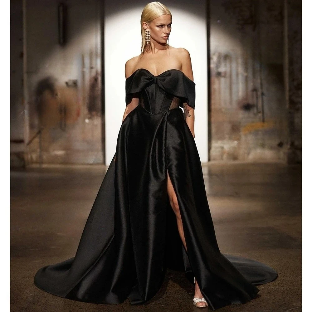 Customized Off Shoulder Sweetheart Short Fold Sleeve Satin Ball Gown Floor Length Chapel Train Bow Corset High Slit Bridal Gown