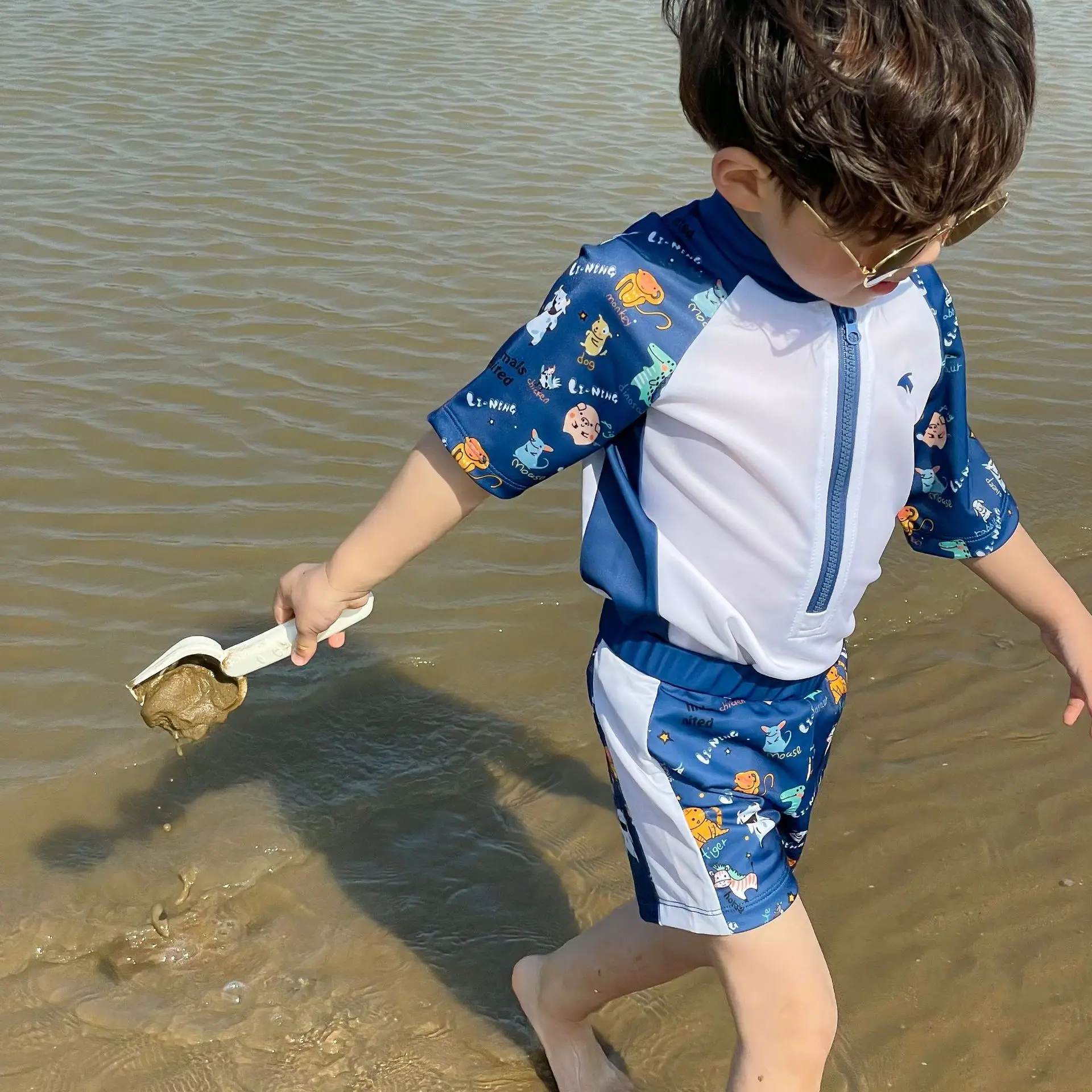 Conjunto de traje de baño de manga corta para bebé, bañador de dibujos animados de animales, Top de secado rápido, traje de surf