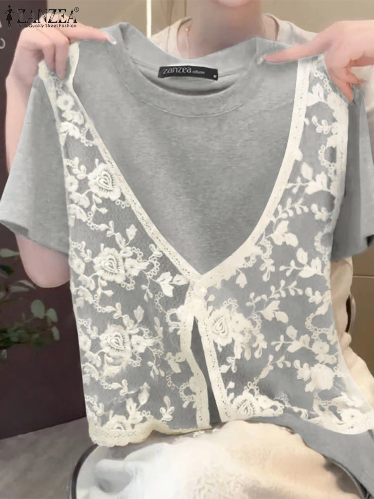 Camicetta di pizzo estiva Donna Patchwork Top Tunica allentata casual ZANZEA Moda Manica corta Blusas Pullover oversize 2025 NUOVO