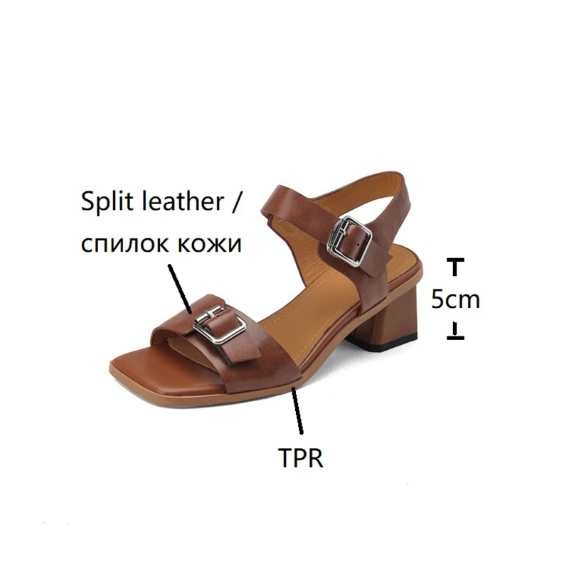 2023 Summer Women Shoes Square Toe Chunky Heel Women Sandals Split Leather Shoes for Women Solid Band Shoes Buckle Black Shoes