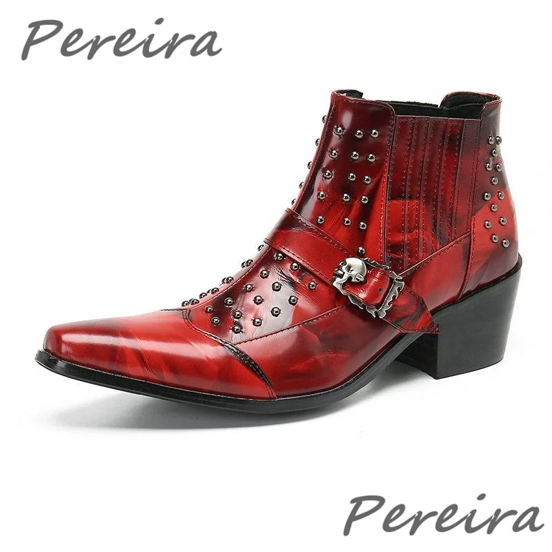 

Punk Rivet Design Men Ankle Boots Skull Metal Buckle Pointed Toe Cow Leather Short Boots Fashion Party Club Business Dress Shoes