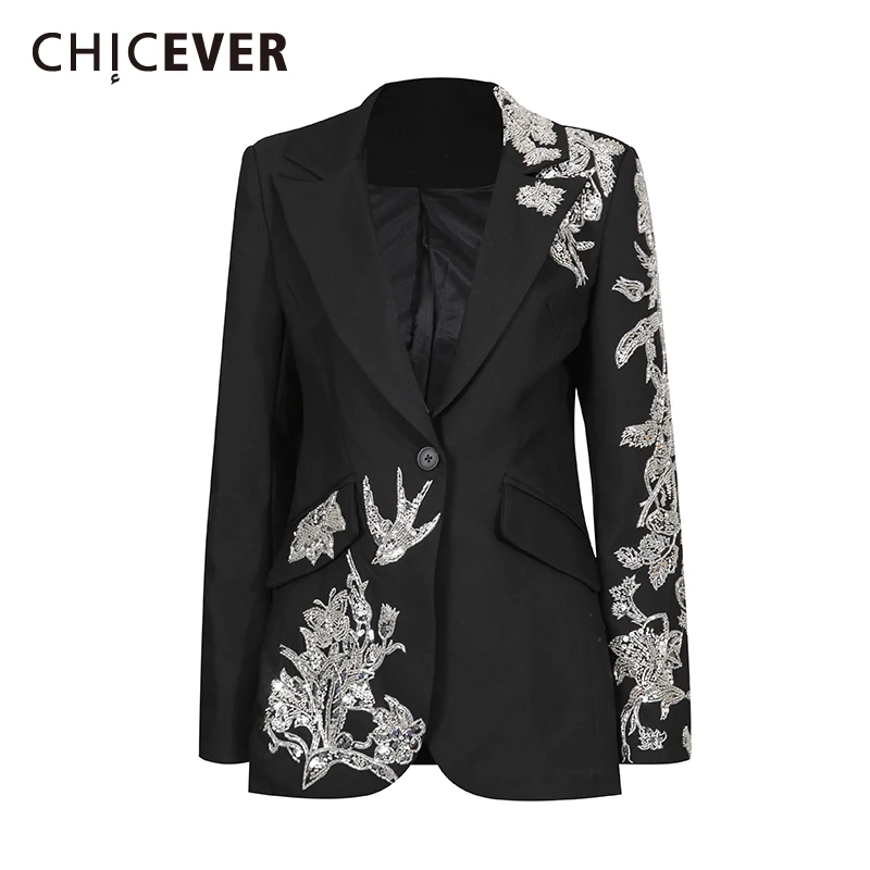 

CHICEVER Black Spliced Beading Design Jacket Female Lapel Long Sleeve Loose Light Luxury Women's Jackets Autumn Fashion Style