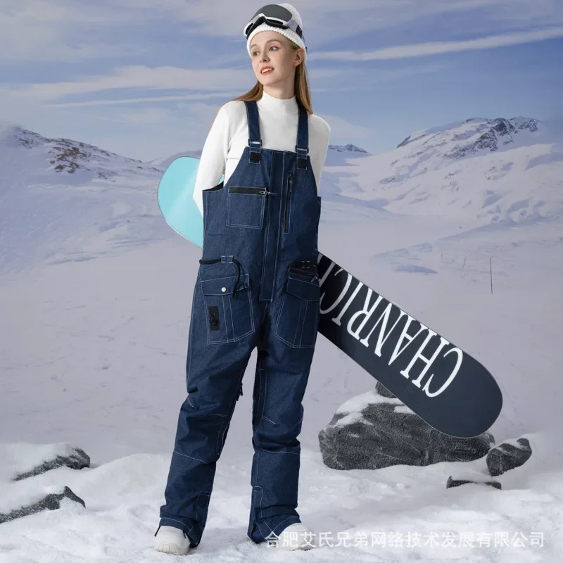 

Winter Waterproof Denim Women Ski Overalls Outdoor Sport Mountain Man Snowboard Jumpsuits Hiking Windproof Female Bibs Pants