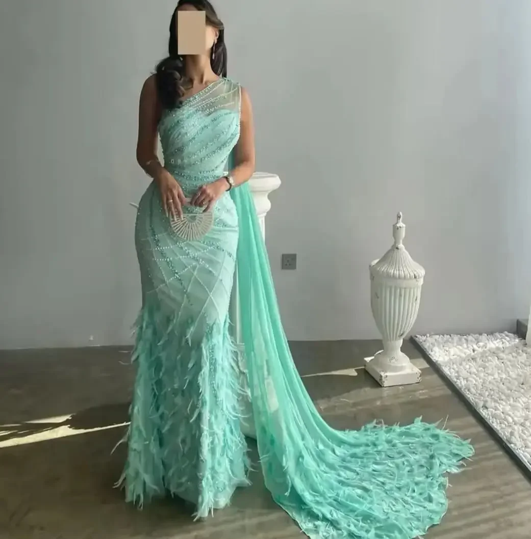 

Arabia Luxury One-Shoulder Mermaid Prom Dresses Shiny Pleated Gown With Pearls Feathers For Wedding Party Gowns
