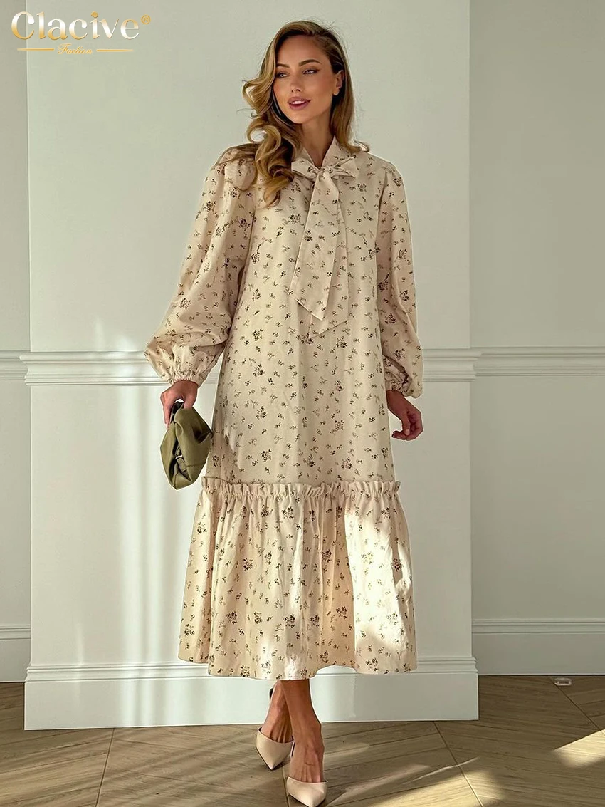 

Clacive Fashion Loose Print Women Dress 2025 Casual Bow Collar Long Sleeve Midi Dresses Elegant Classic Dress Female Streetwear