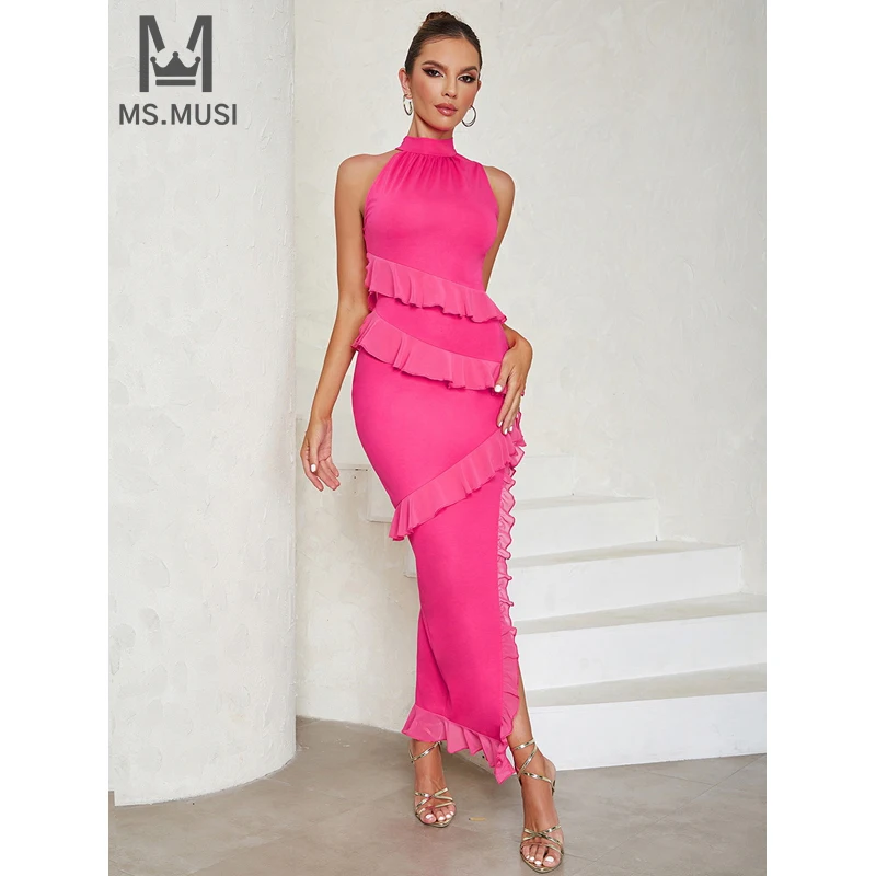 MSMUSI 2024 New Fashion Women Sexy Halter Lace Mesh Ruffles Sleeveless Bodycon Party Club Event Slit Slim Maxi Dress Long Gown