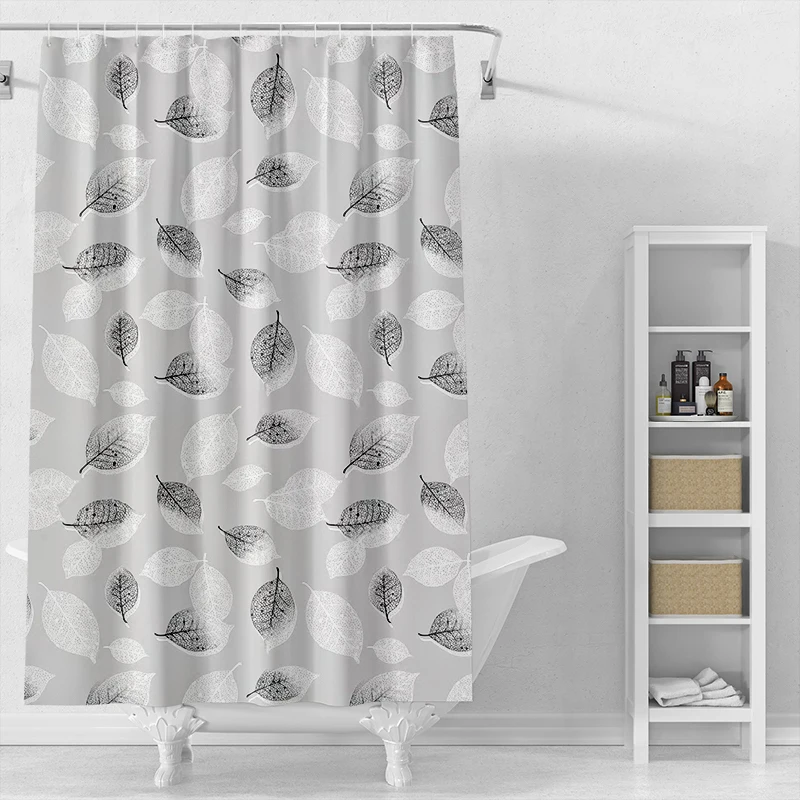 High Quality Waterproof and anti-mildew PEVA shower curtain black and white leaf bathroom curtain with hook