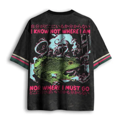 Funny Frog Japanese Text Graphic Mesh Football Jersey Men I KNOW NOT WHERE I AM Letter Print V Neck Short Sleeve Oversized Tops