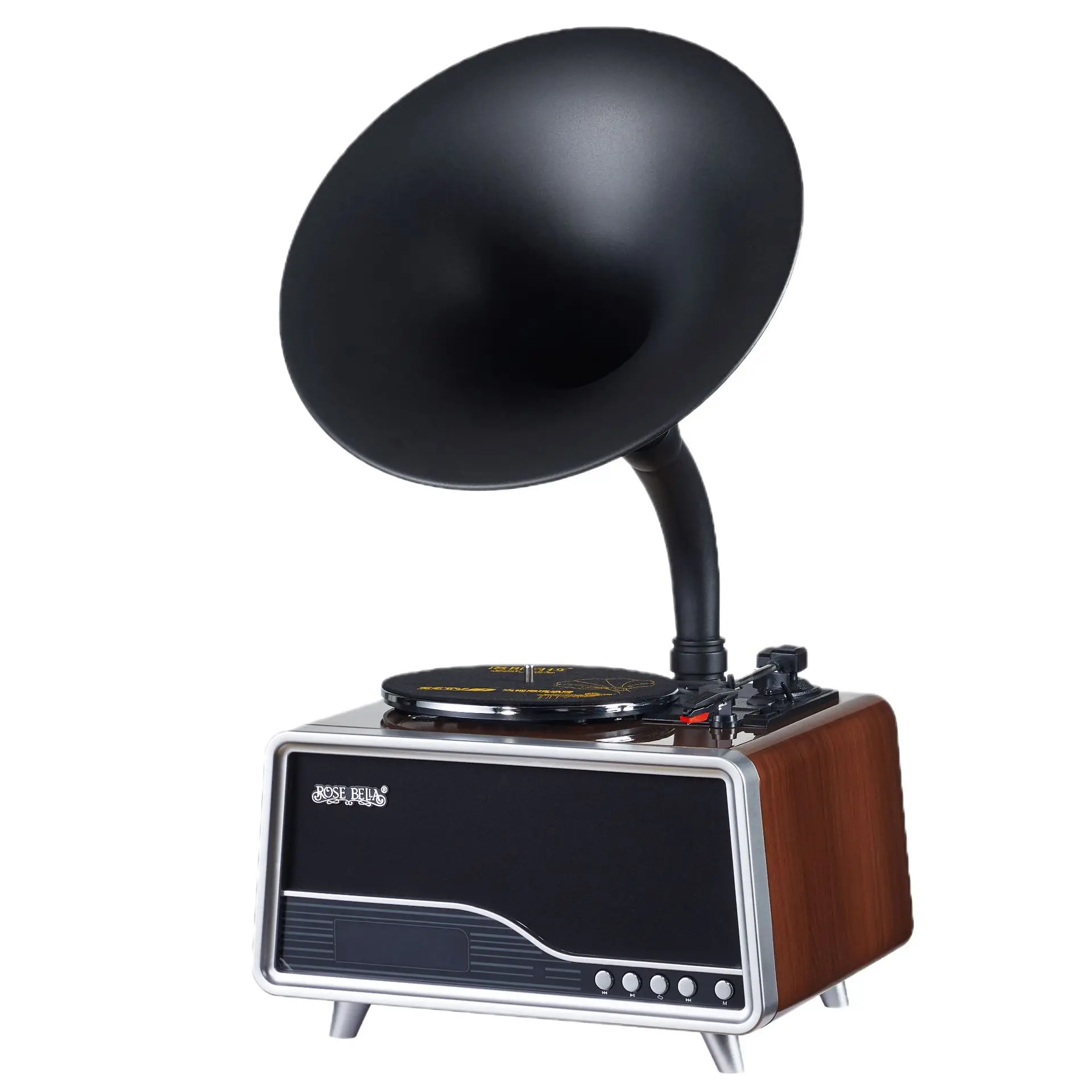 

Vintage Gramophone Turntable with Black Horn Speaker 3-Speed 3-Record Sizes BT USB FM Radio HIFI Stereo Remote Control for Home