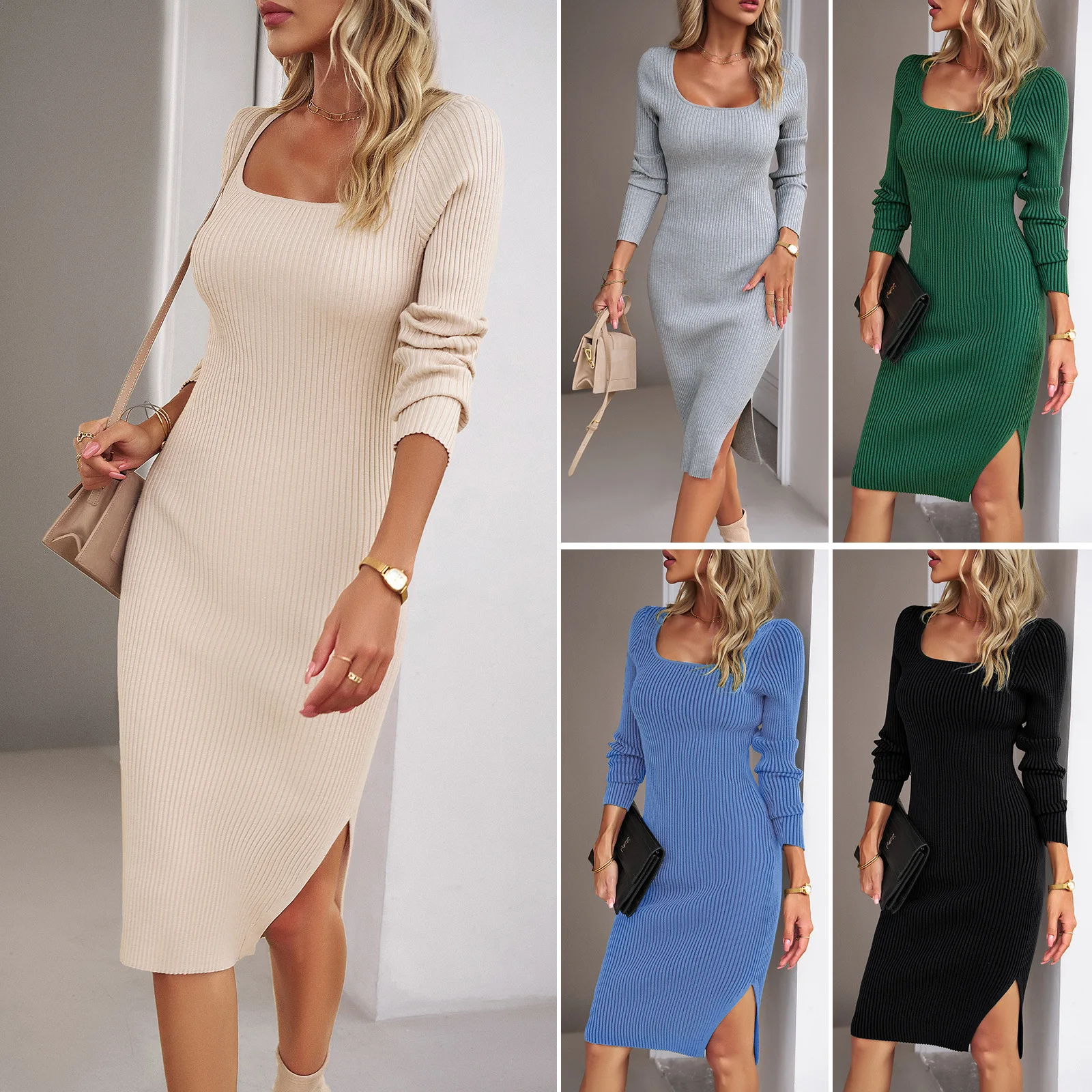 Knitted Square Collar Bodycon Dress Korea Style Slit Ladies Long Sleeves Long Dresses Elegant Casual Package Hip Dress for Women