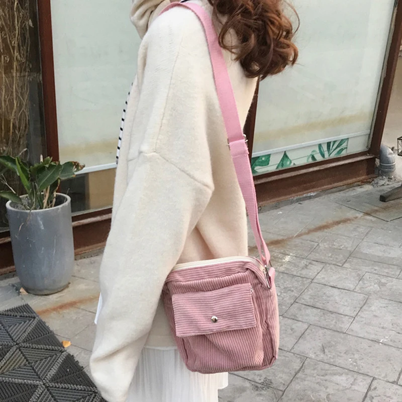 Women Canvas Flap Bag Preppy Style Student Shoulder Messenger Bag Small Corduroy Bag Casual Satchel Travel Purse Handbag HOT