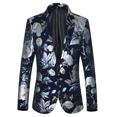 New in Suits Blazers Blazer Coat Men Floral Print Navy Black White Fatos Masculinos Modernos Vintage Mens Blazer Luxe Homme 6XL