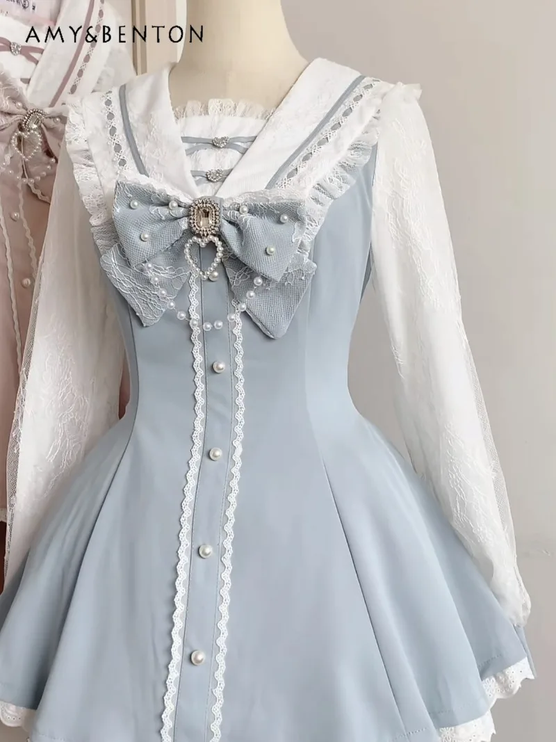 

Original Japanese Mine Series Kawaii Girl Lolita Long Sleeve Sets Mass-Produced Sweet Lace Bow Beaded Slim Mini Dress Shorts