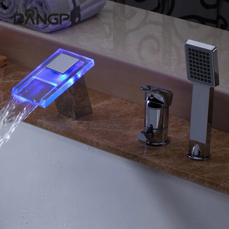 

Modern 3 Hole LED Bathtub Faucet Kit with Handheld Shower Deck Mounted Bathroom Tub Faucet Set with Hand Shower Chrome