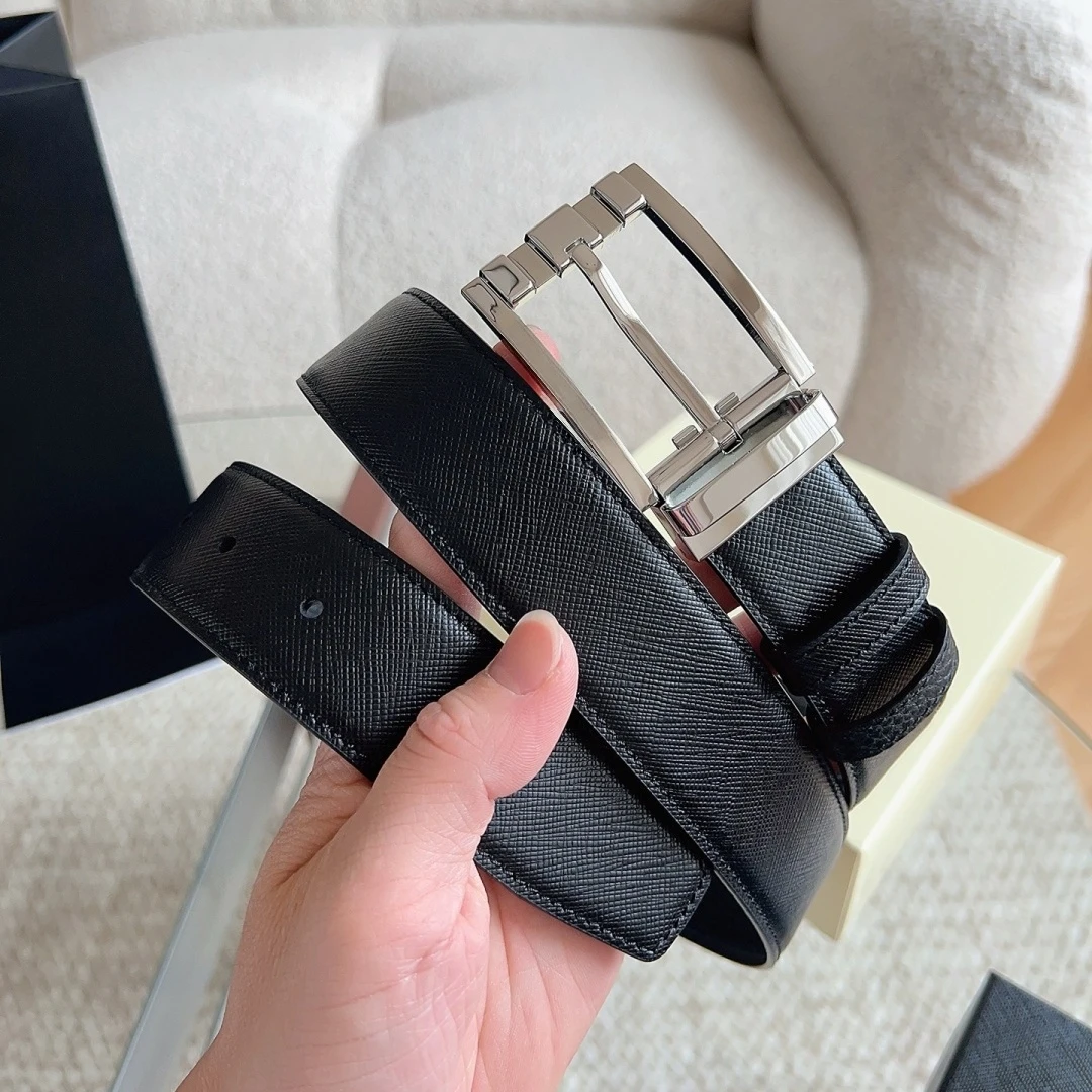 Luxury Men's Genuine Leather Belt Reversible Rotatable Square Pin Buckle Pebble Cross Grain Casual Business Formal Waist Strap