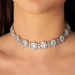 Rhinestone Tennis Chain Flower Choker Necklace Party for Women Fashion Floral Neck Short Choker Bridal Wedding Jewelry Gift