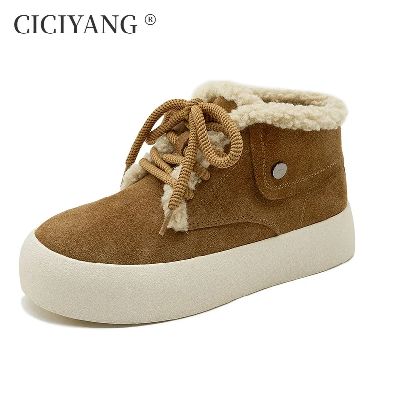 CICIYANG Women Snow Boots Genuine Leather 2024 Winter New Fluffy Warm Flat Women's Ankle Boots Platform Casual Shoes Ladies