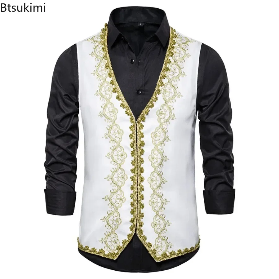 New Stylish Gold Embroidery Baroque Vests Men\'s Slim Palace Banquet Clothing Waistcoat Men Stage Prom Drama Opera Costume Gilet