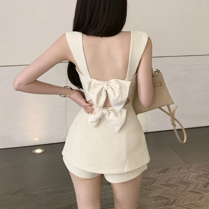 2023 Spring for Women Crop Tops Vintage Korean Retro Sweet Camis Sleeveless + Short Suit 2 Pieces Suit Y2k Backless Bow Vest