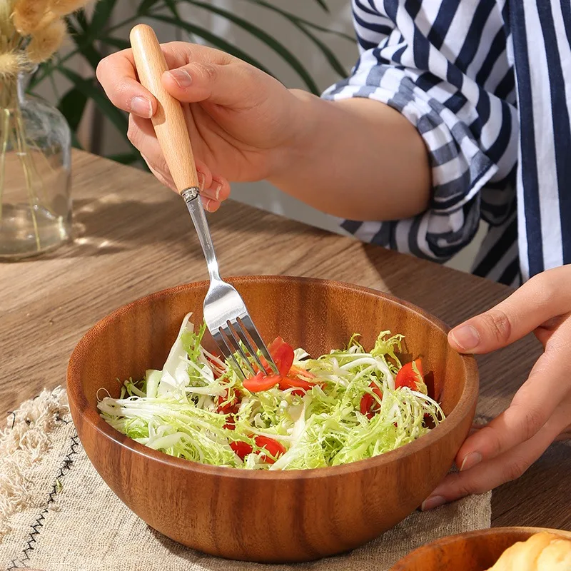 Ensaladera de frutas de madera de acacia, tazón de arroz de estilo japonés, vajilla individual de madera para Ramadán, utensilios para cocina, tazones de sopa de madera