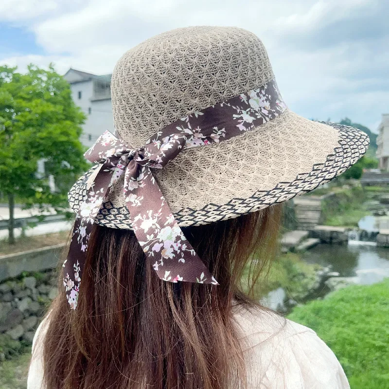 Woman Elegant Floral Bowknot Ribbon Sun Hats Vintage Straw Hats Summer Travel Sun Protection Wide Brims Hats Apparel Accessories