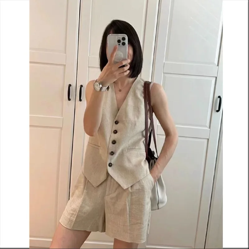 Damen Baumwoll-Leinen Weste-Shorts-Set 2-teilig V-Ausschnitt Knopfleiste Weste + Hochgeschnittene Plissee-Shorts Büro-Dame Schicke Lässige Outfits – Detail 7